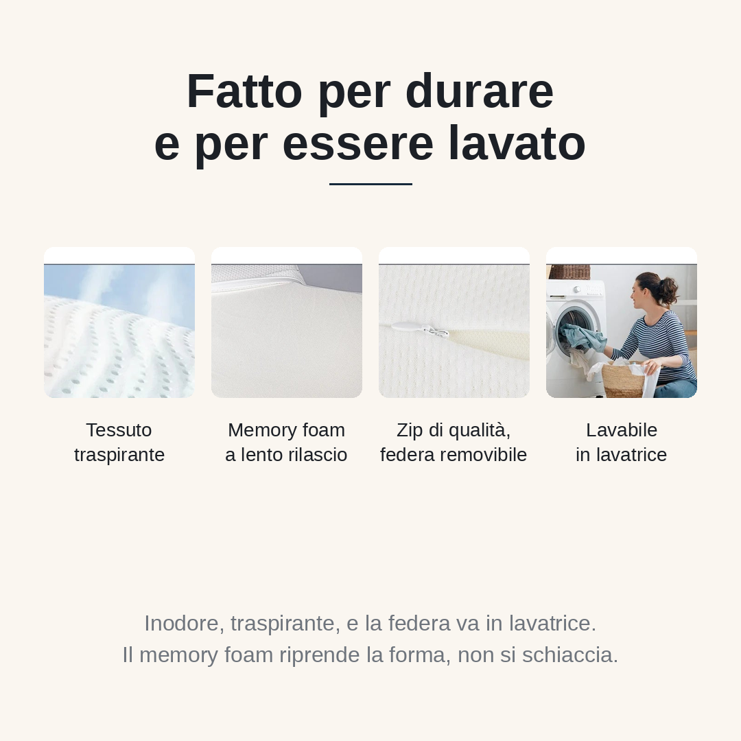 Memory foam a lento rilascio, tessuto traspirante, federa lavabile in lavatrice
