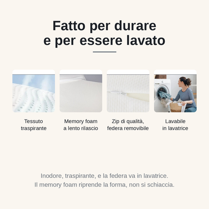 Memory foam a lento rilascio, tessuto traspirante, federa lavabile in lavatrice